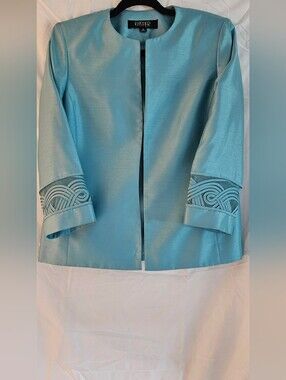 Kasper Aqua Blue Open-Front Jacket with Cut Lace Detail Cuffs. Size Small.